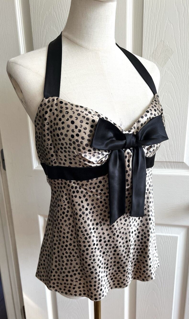MAGGY LONDON Vintage 90's Y2K 100% Silk Satin Polka Dot Pin-Up Halter Top Sz 10P